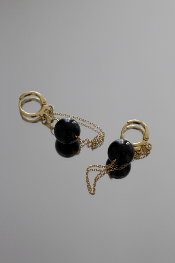 Boucles d'oreilles - Dormeuses + Pierre d'Onyx + Chaîne Plaqué Or BAM